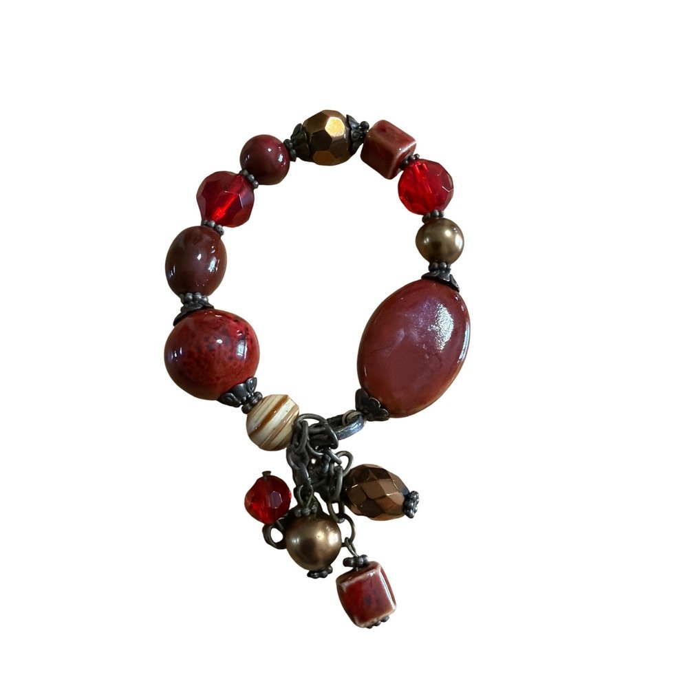 Chunky Red Terracotta Bronze Beaded Stretch Charm Bracelet Earthy Boho Statement